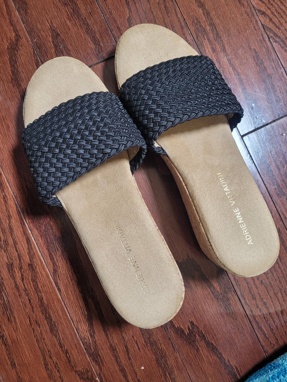 Adrienne Vittadini Black Woven Slide Mules with Tan Footbed